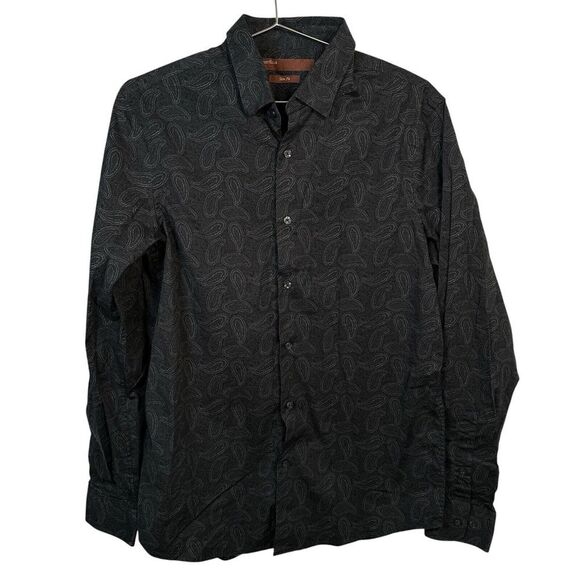 Perry Ellis Men's Black Paisley Slim Fit Long Sleeve Button Up Shirt Size Medium - Picture 1 of 6